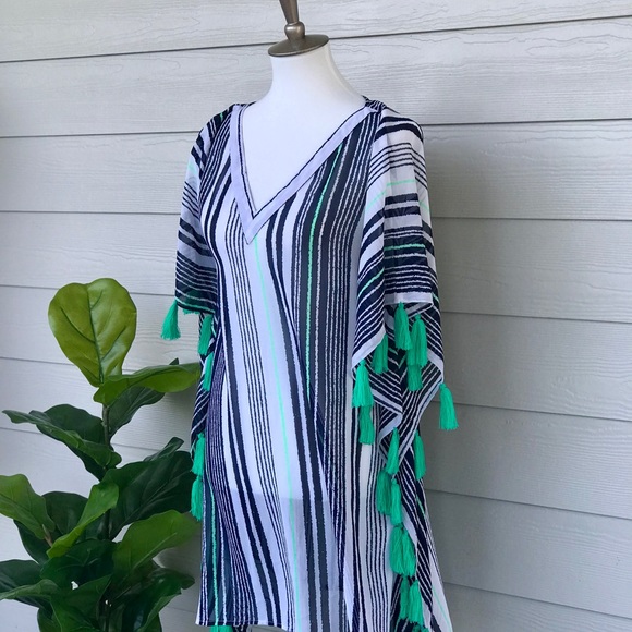 NWT Navy + Green Tassel Caftan CoverUp Beach Dress - Picture 6 of 8